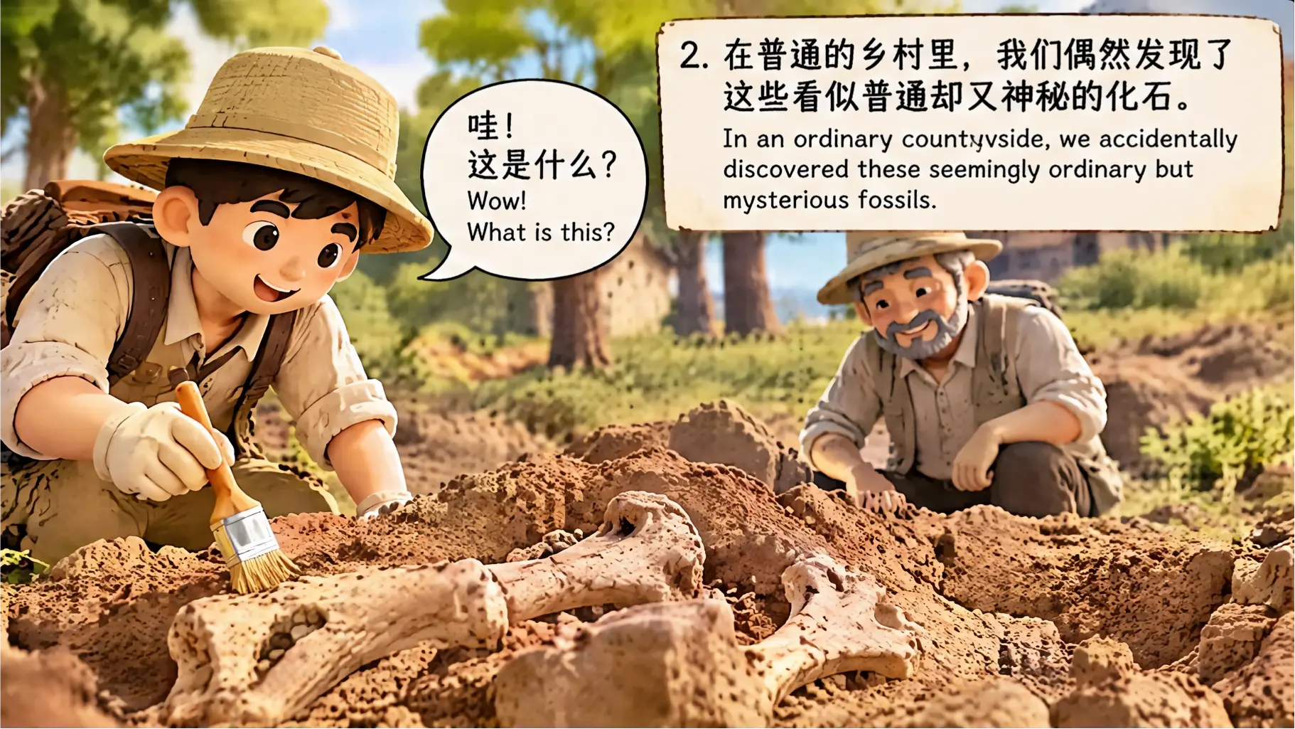2. The student and mentor discover fossils in the countryside.